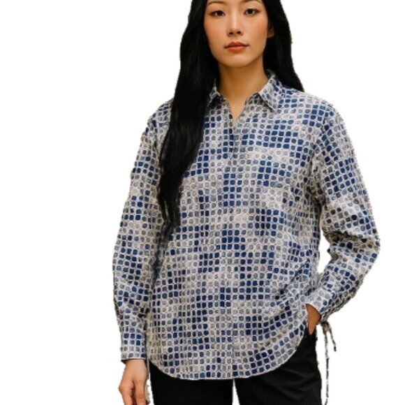 Coral Bay Women’s Button-Up Shirt XL Navy White Polka Dots Roll Tab Sleeve - Picture 1 of 13